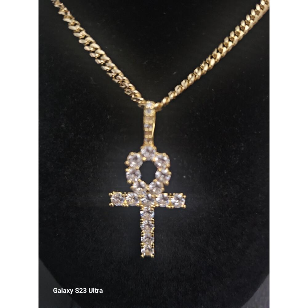 24in 14k Gold Plated brass-3mm Cuban Link Chain w/ CZs Ankh Cross Pendant Charm